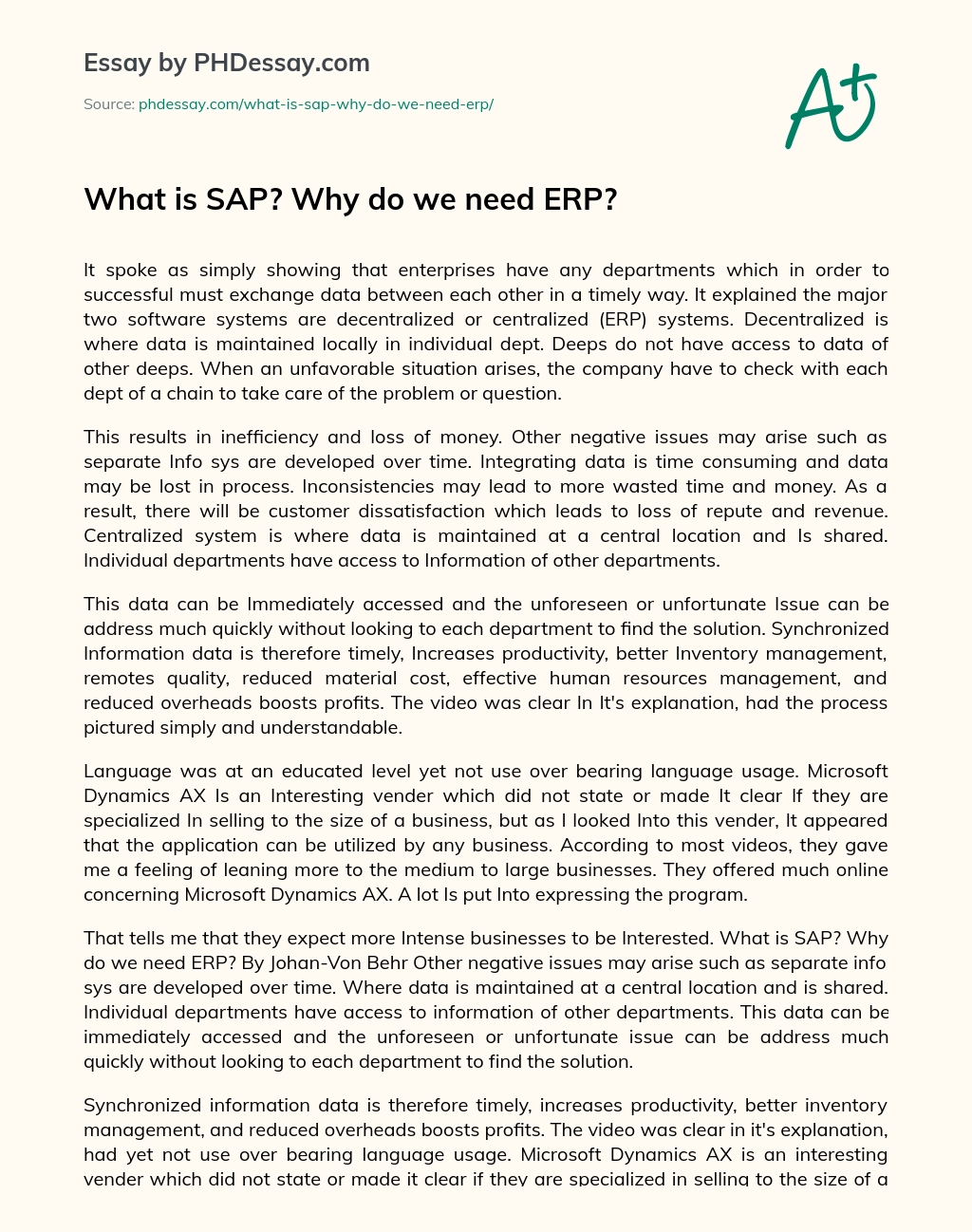What is SAP? Why do we need ERP? essay