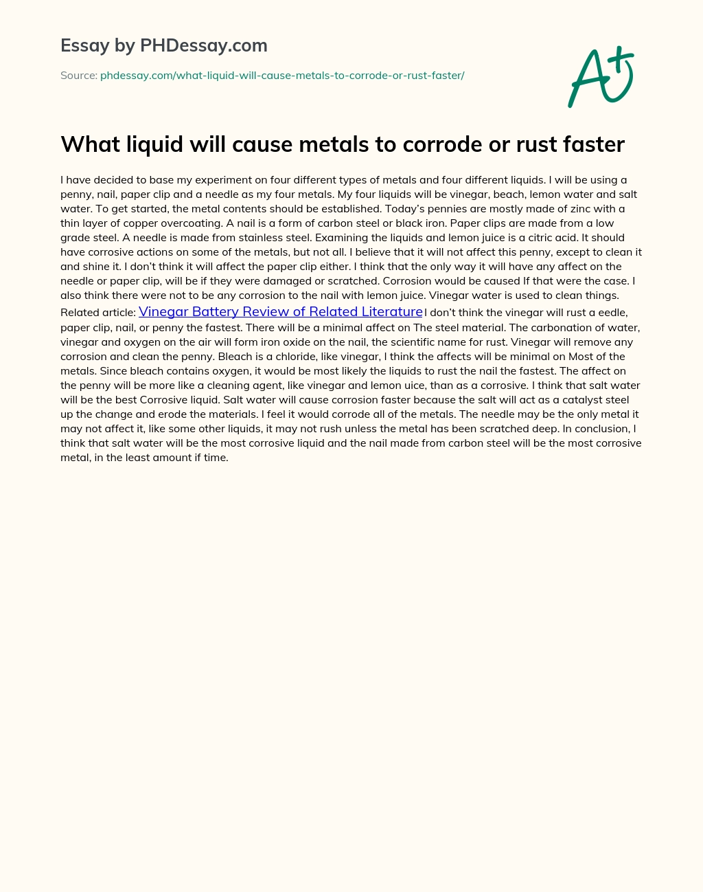 What liquid will cause metals to corrode or rust faster essay