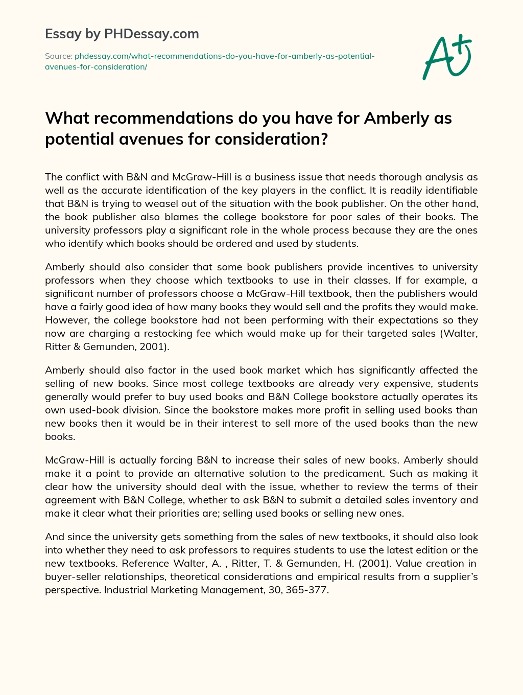 What recommendations do you have for Amberly as potential avenues for consideration? essay