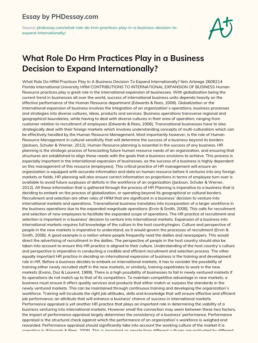 What Role Do Hrm Practices Play in a Business Decision to Expand Internationally? essay