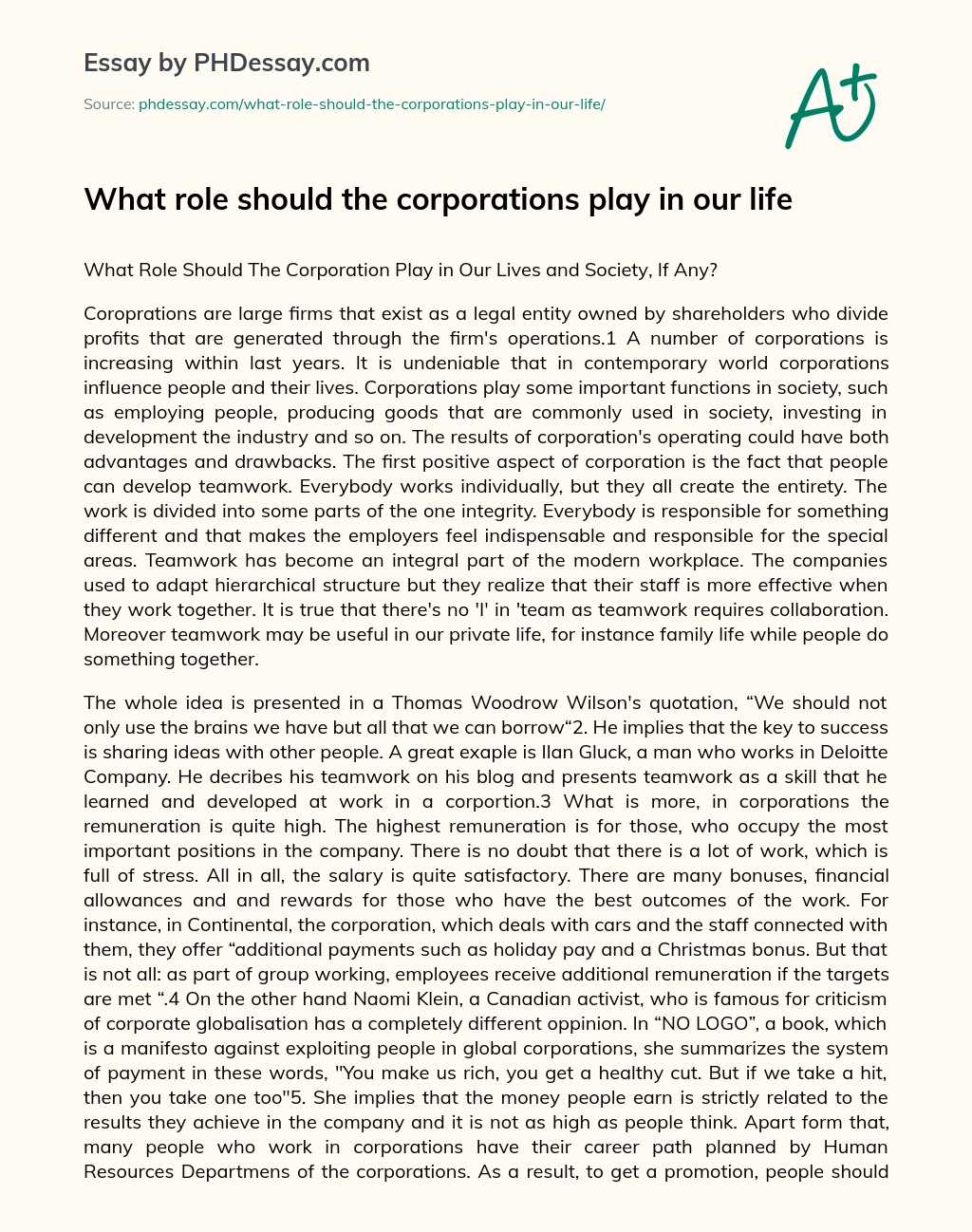 What role should the corporations play in our life essay