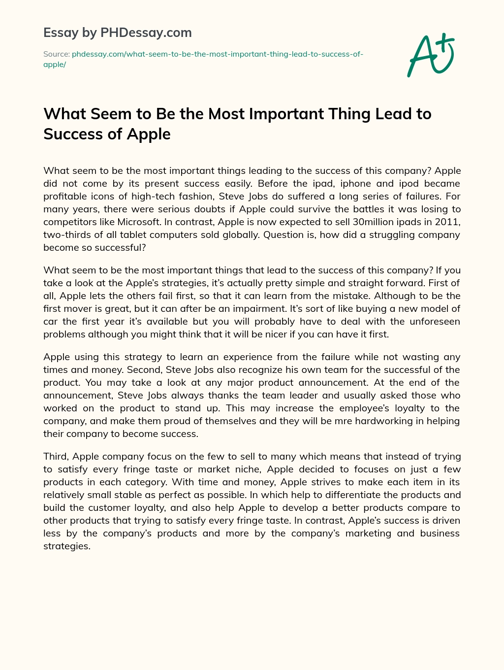 What Seem to Be the Most Important Thing Lead to Success of Apple essay