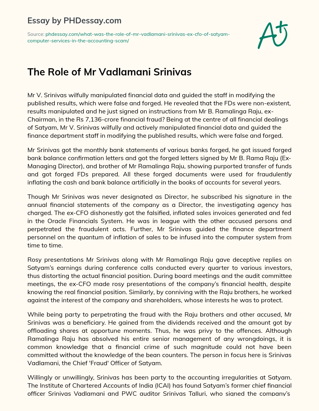The Role of Mr Vadlamani Srinivas essay