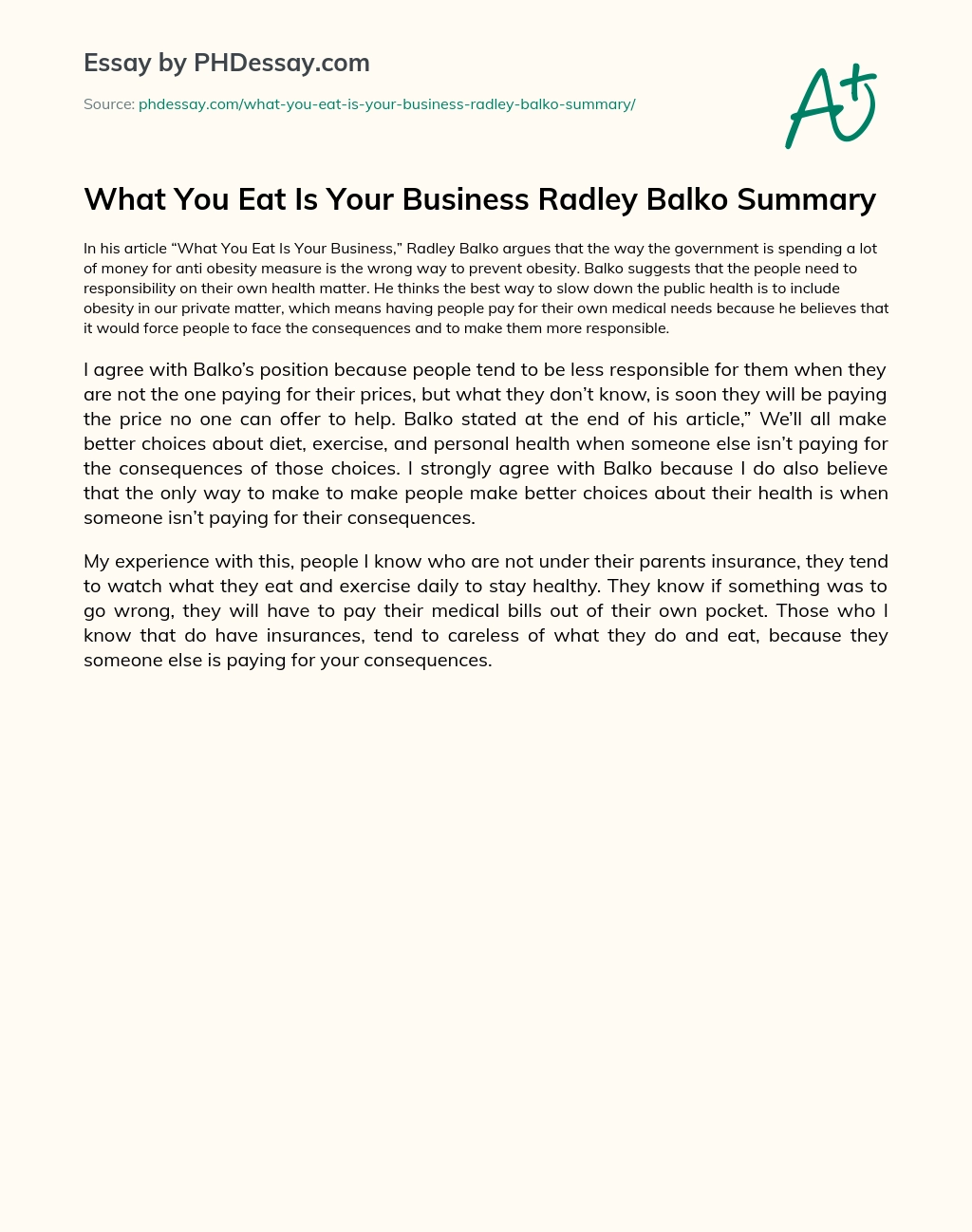 What You Eat Is Your Business Radley Balko Summary essay