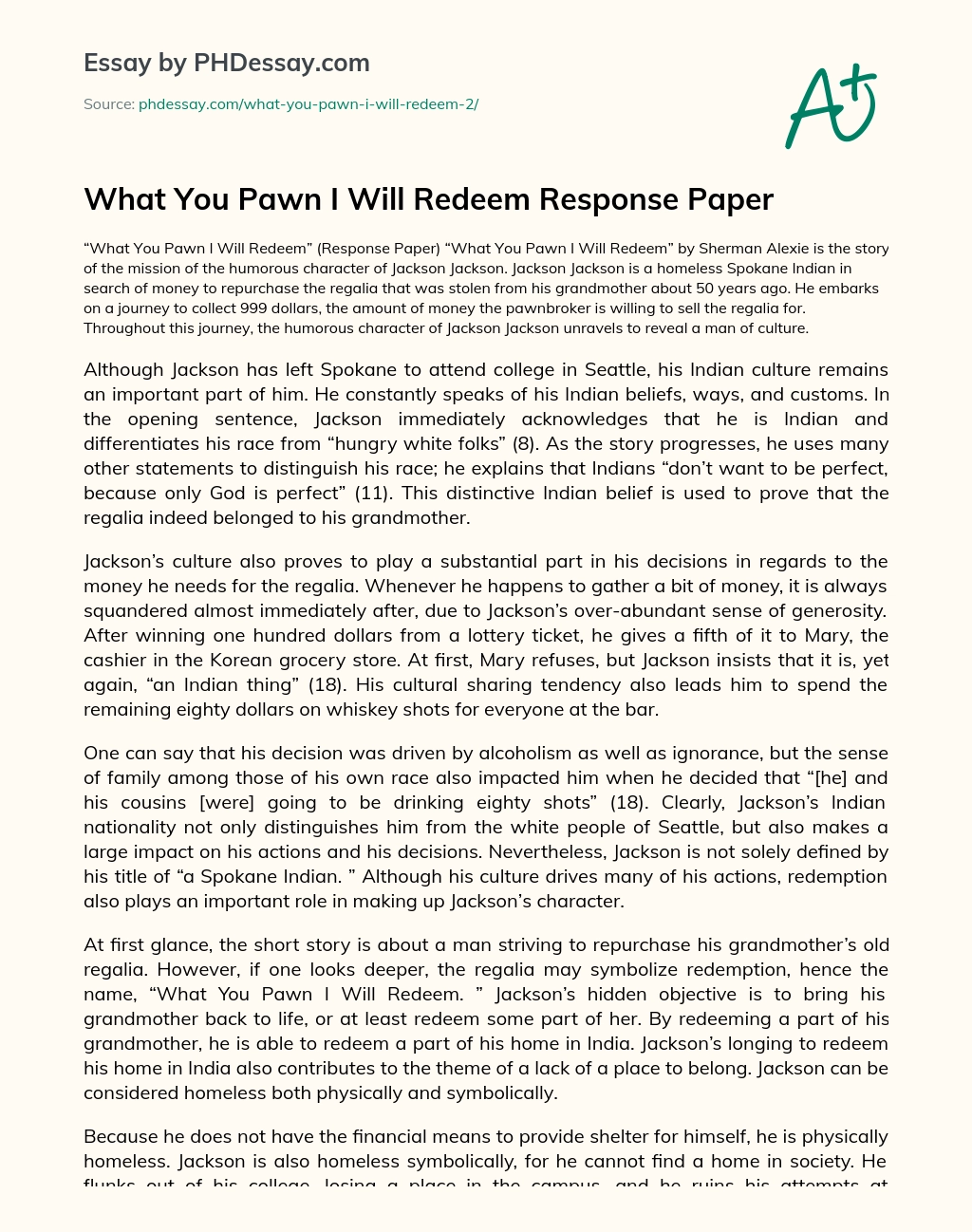 What You Pawn I Will Redeem Response Paper essay