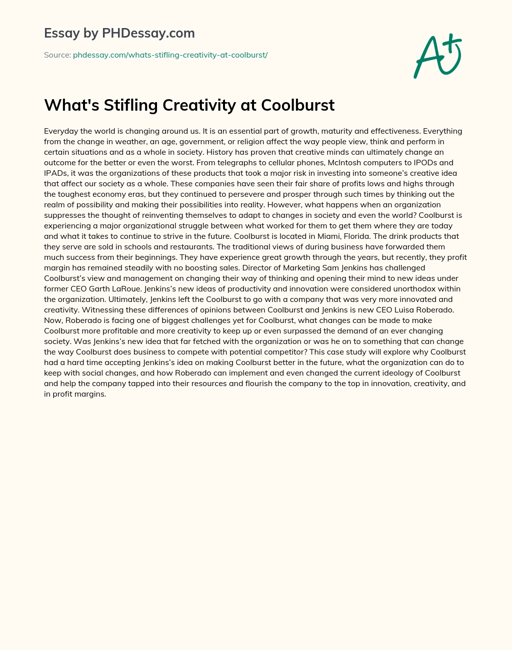 What’s Stifling Creativity at Coolburst essay