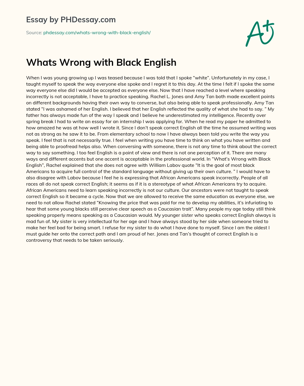 Whats Wrong with Black English essay