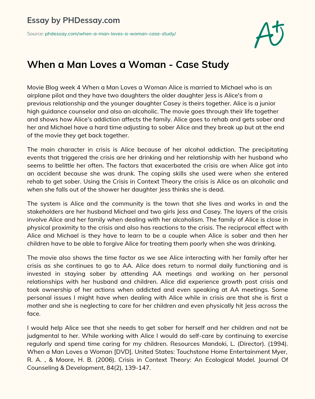 When a Man Loves a Woman – Case Study essay