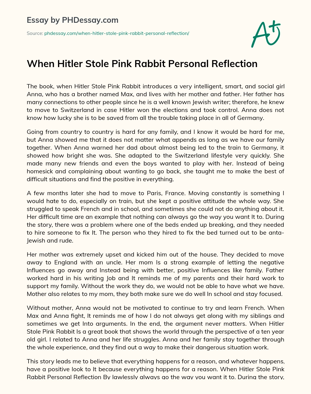 When Hitler Stole Pink Rabbit Personal Reflection essay