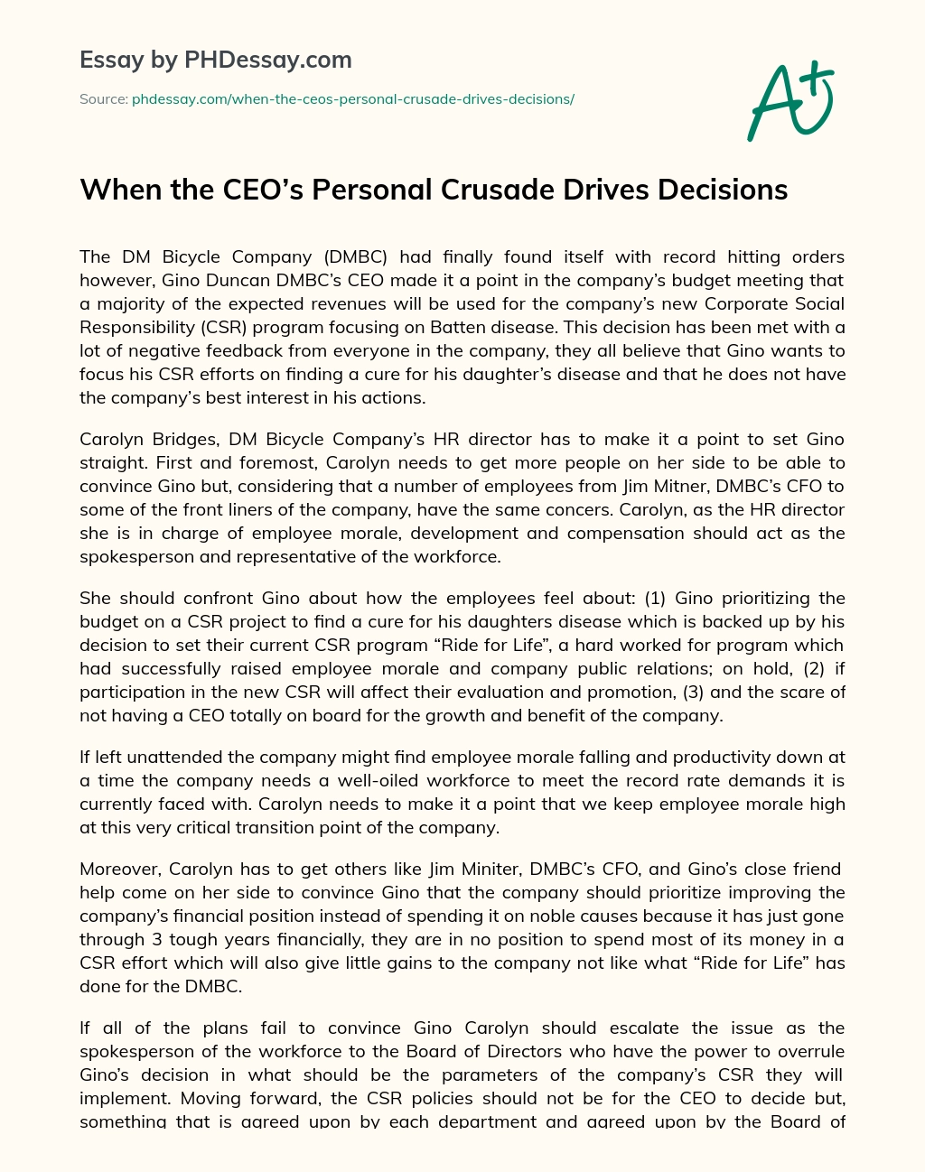 When the CEO’s Personal Crusade Drives Decisions essay