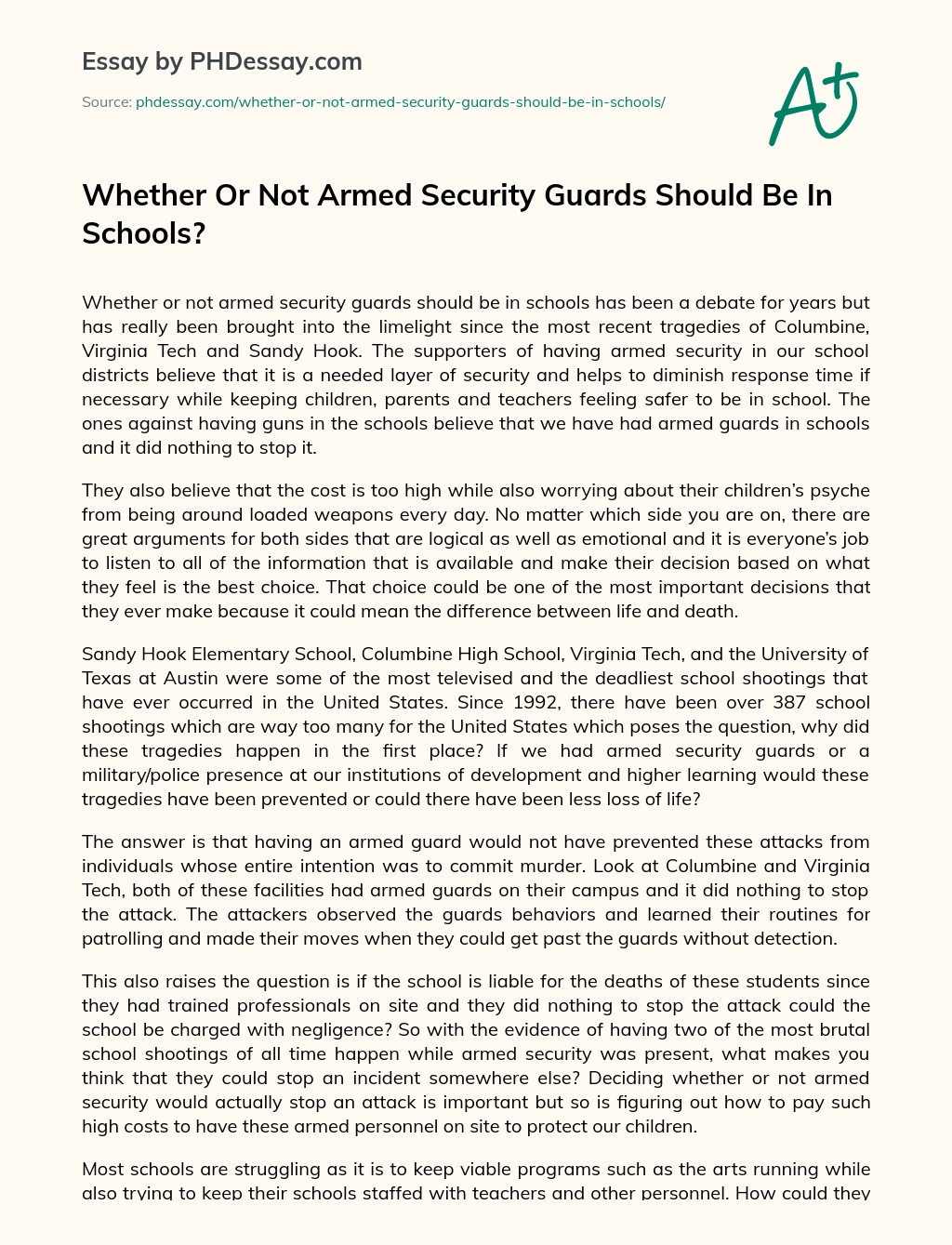 Whether Or Not Armed Security Guards Should Be In Schools? essay