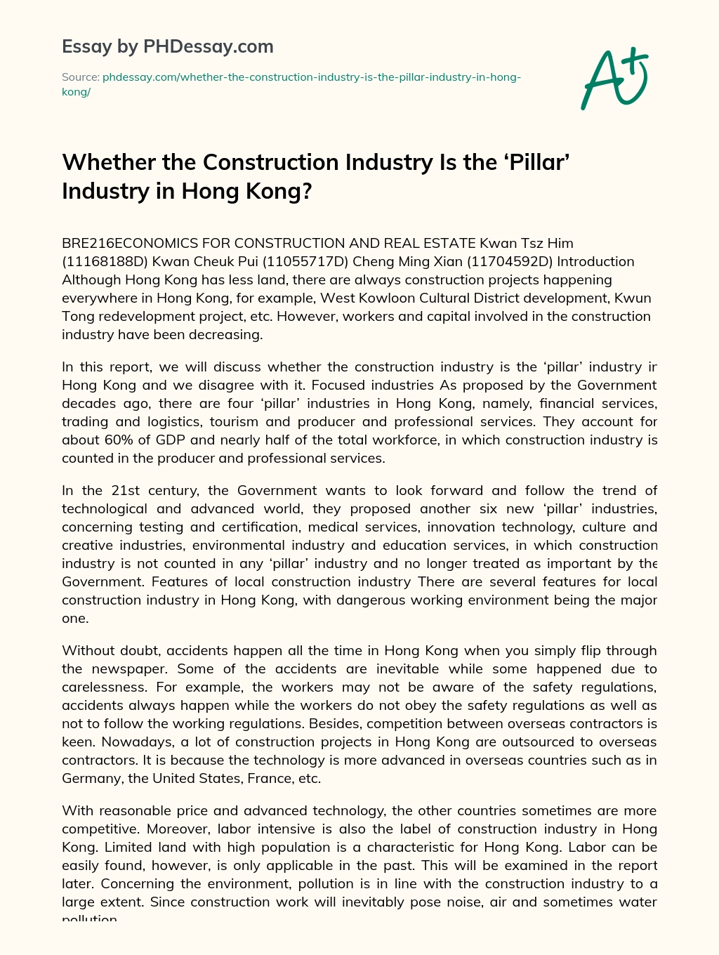 Whether the Construction Industry Is the ‘Pillar’ Industry in Hong Kong? essay