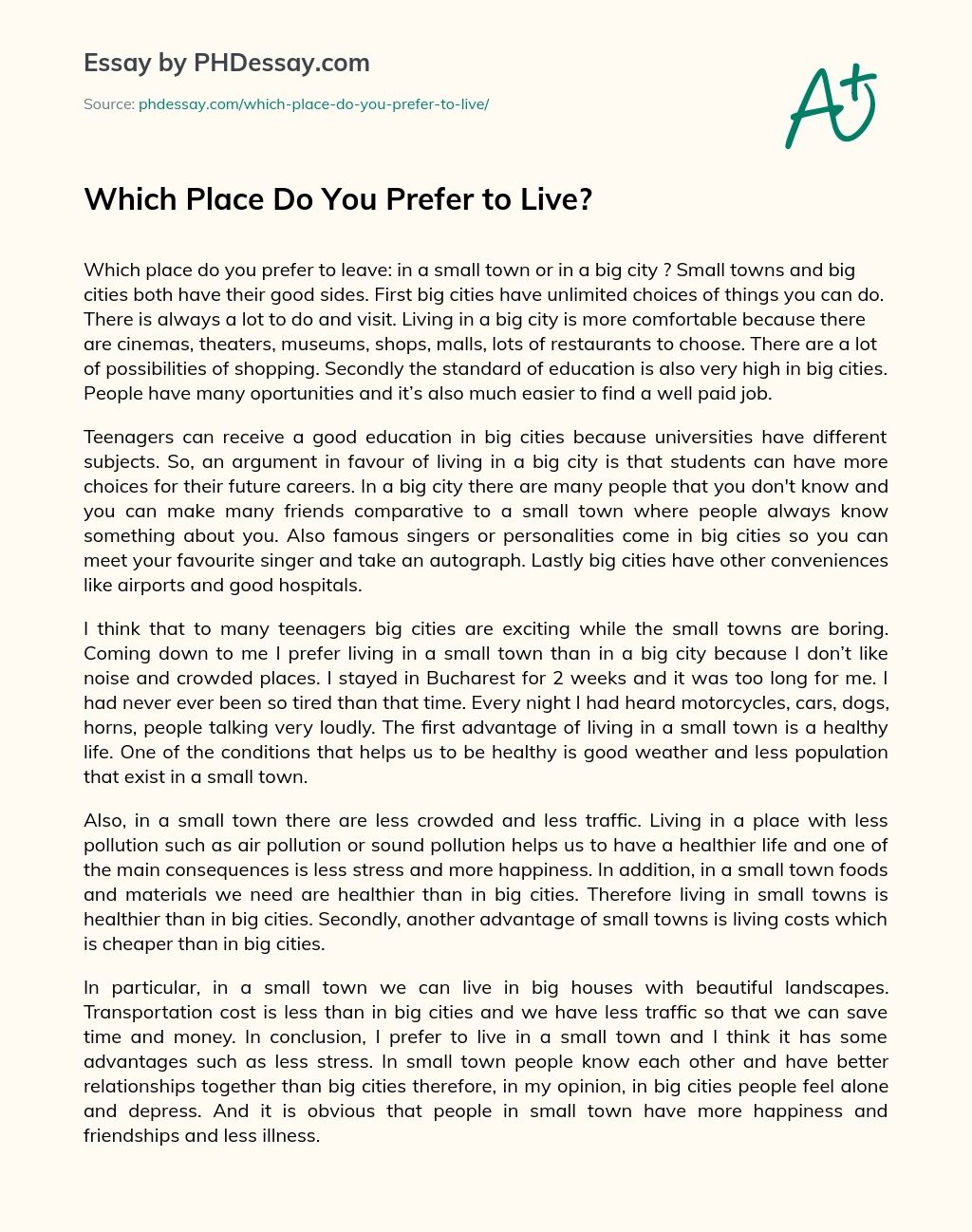 Which Place Do You Prefer to Live? essay