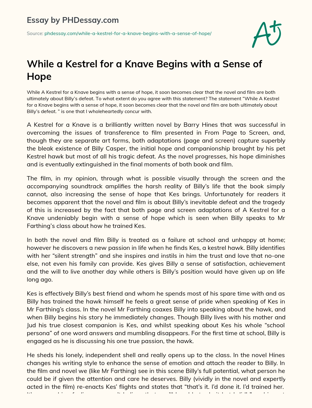 While a Kestrel for a Knave Begins with a Sense of Hope essay