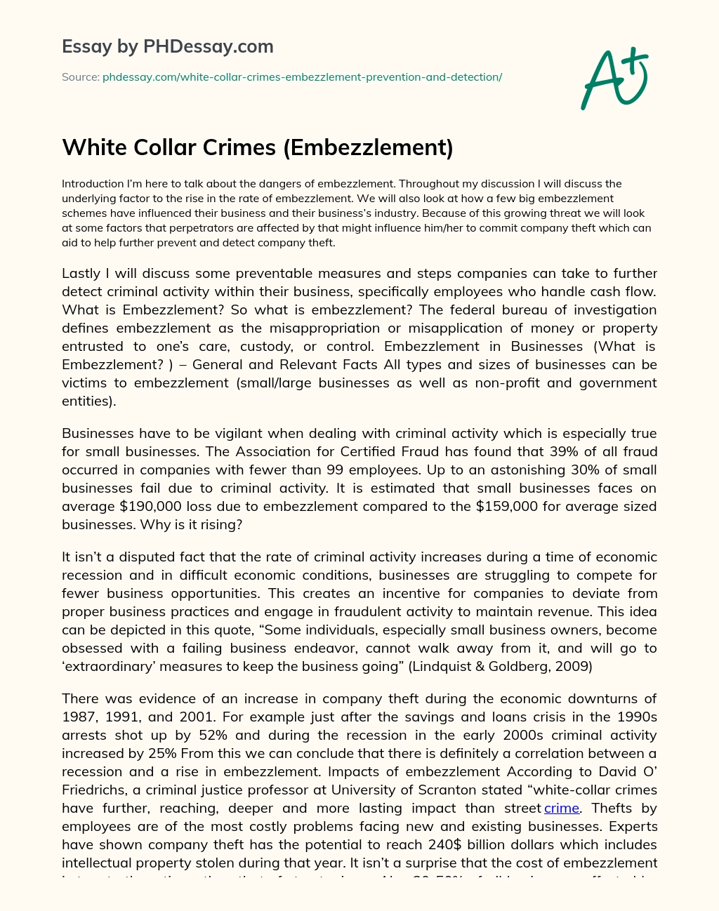 White Collar Crimes (Embezzlement) essay