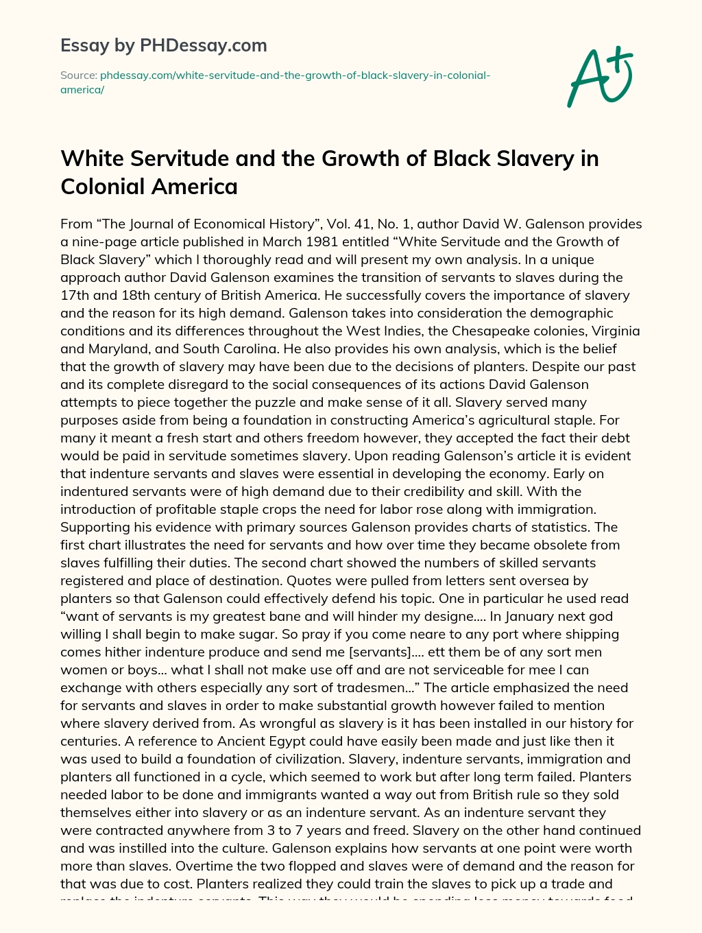 White Servitude and the Growth of Black Slavery in Colonial America essay