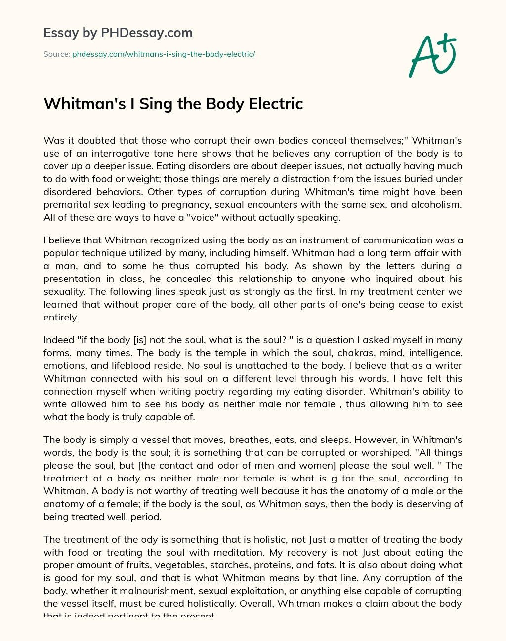 Whitman’s I Sing the Body Electric essay