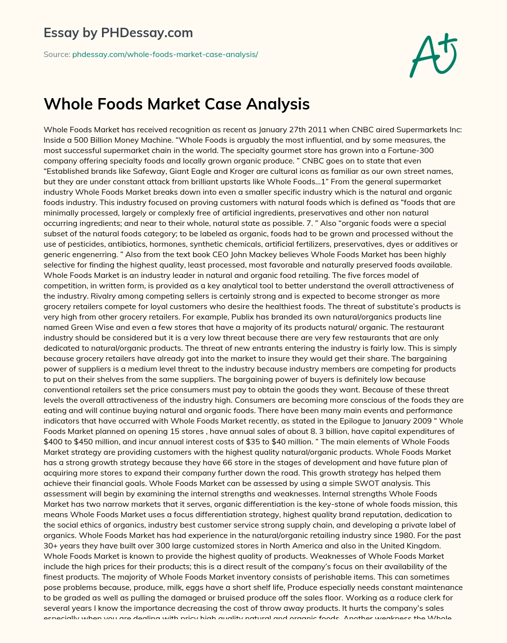 Whole Foods Market Case Analysis essay