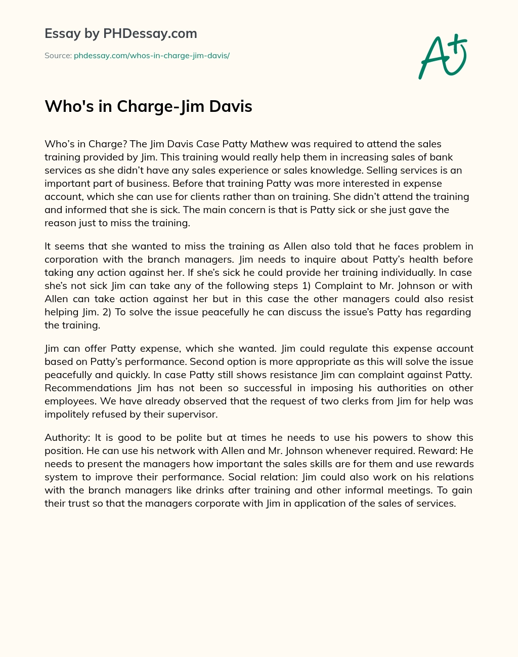 Who’s in Charge-Jim Davis essay