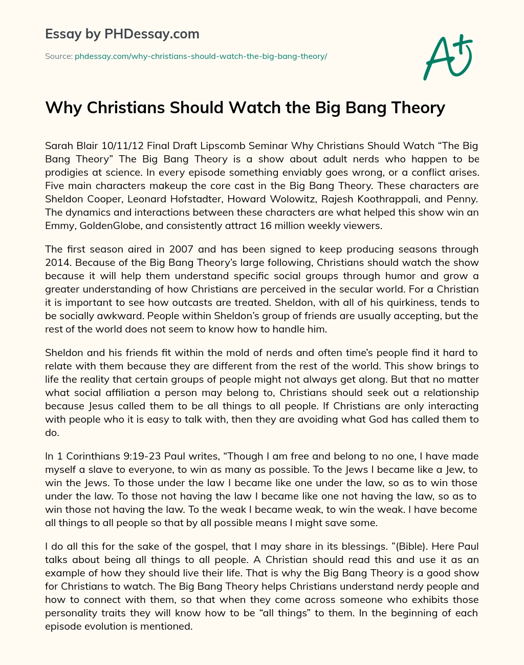 Why Christians Should Watch the Big Bang Theory essay