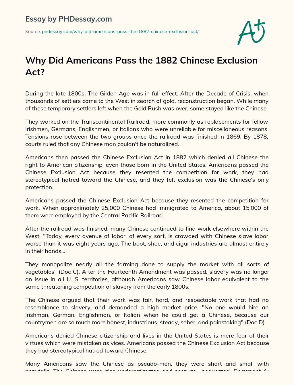 Why Did Americans Pass the 1882 Chinese Exclusion Act? essay