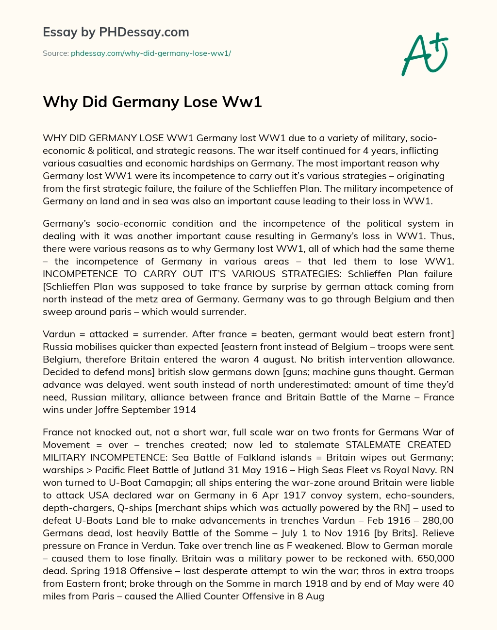 Why Did Germany Lose Ww1 essay