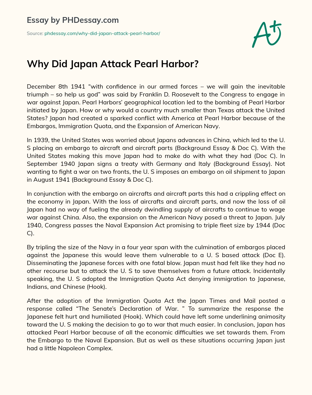Why Did Japan Attack Pearl Harbor? essay