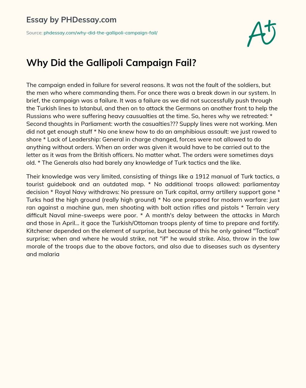 Why Did the Gallipoli Campaign Fail? essay