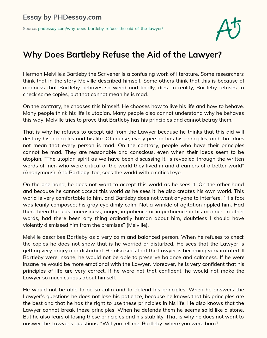 Why Does Bartleby Refuse the Aid of the Lawyer? essay