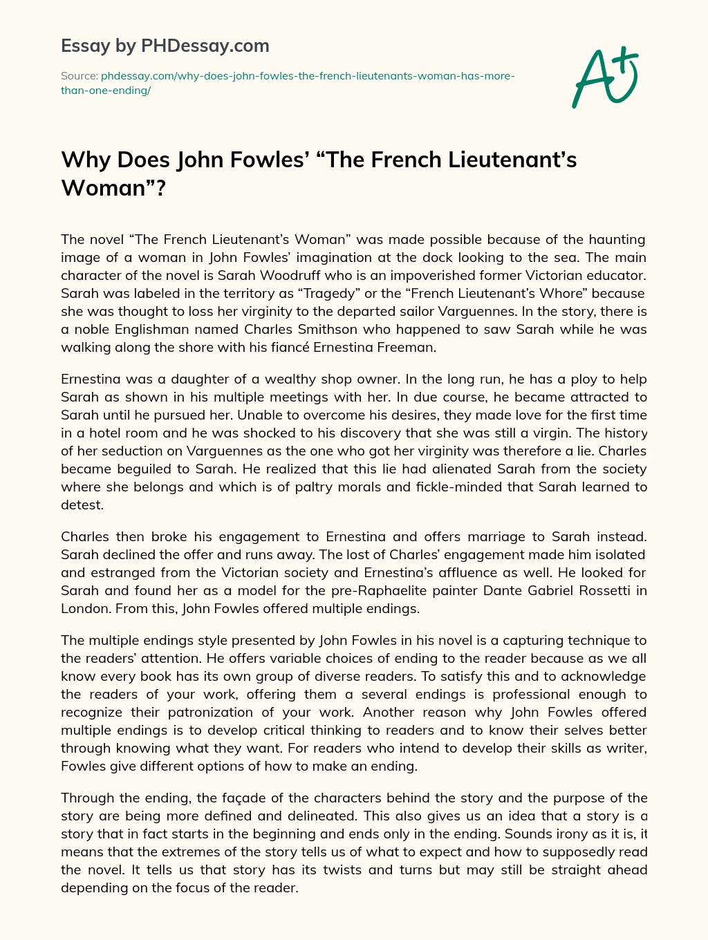 Why Does John Fowles’ “The French Lieutenant’s Woman”? essay