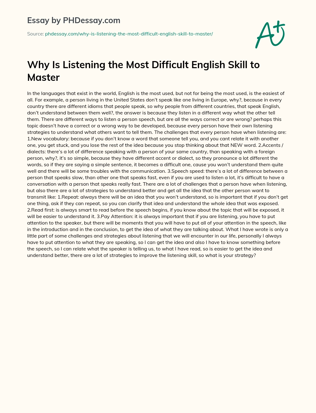 Why Is Listening the Most Difficult English Skill to Master essay