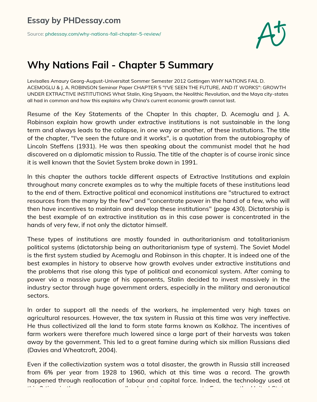 Why Nations Fail – Chapter 5 Summary essay