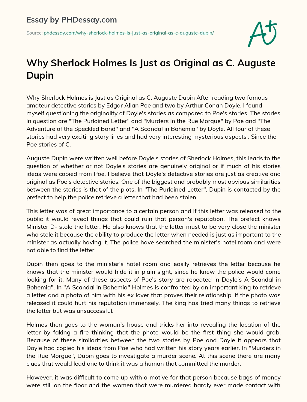 Why Sherlock Holmes Is Just as Original as C. Auguste Dupin essay
