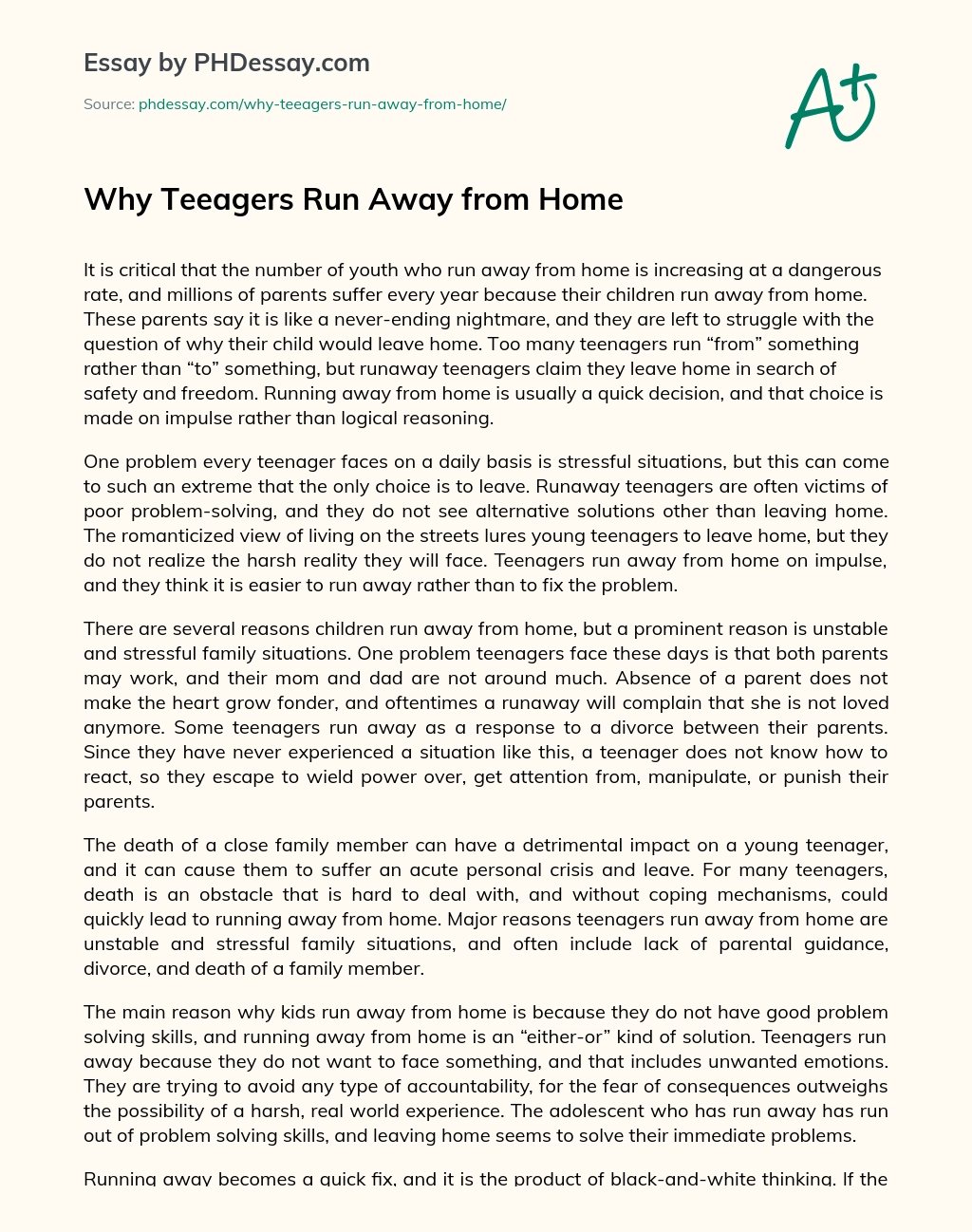 Why Teeagers Run Away from Home essay