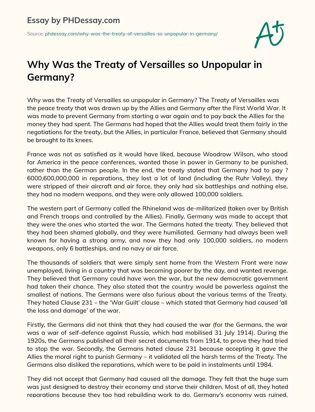 why was the treaty of versailles so unpopular in germany