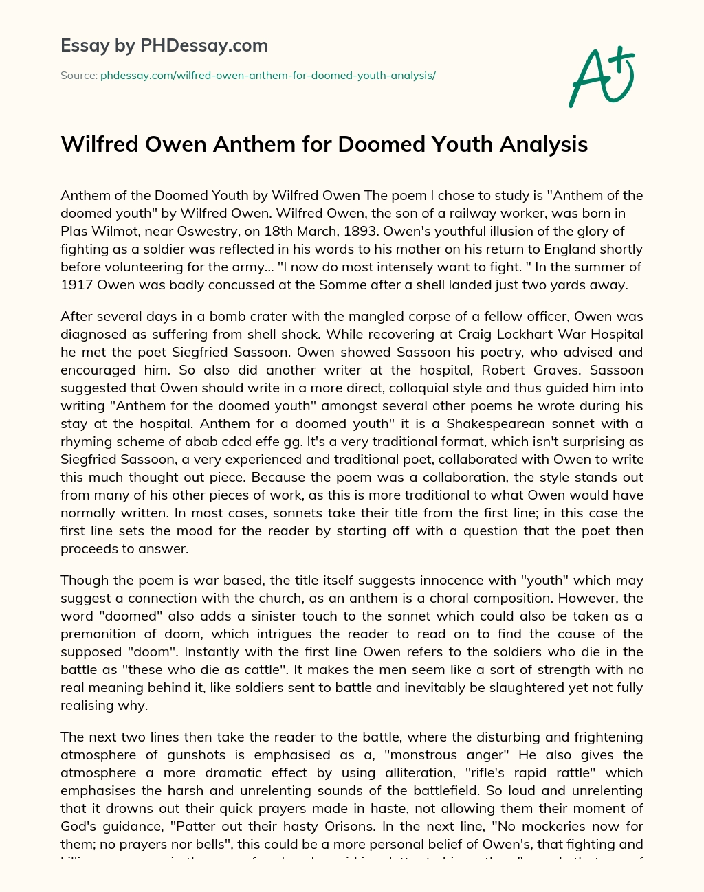 Wilfred Owen Anthem for Doomed Youth Analysis essay