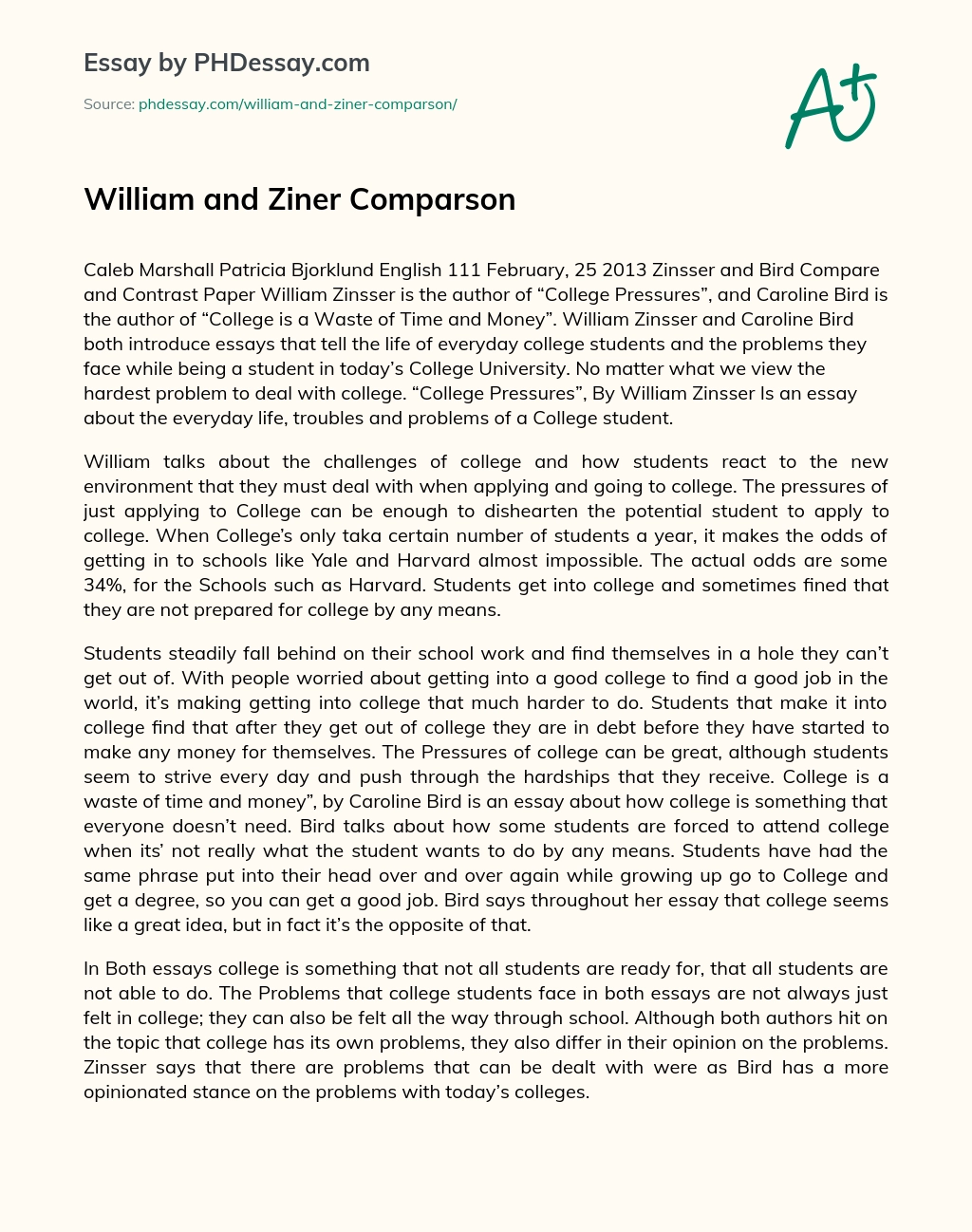 William and Ziner Comparson essay