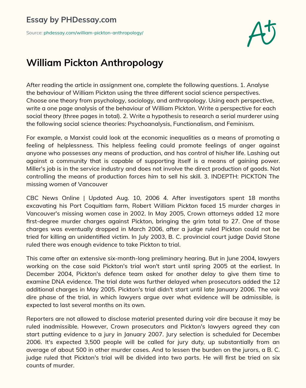 William Pickton Anthropology essay