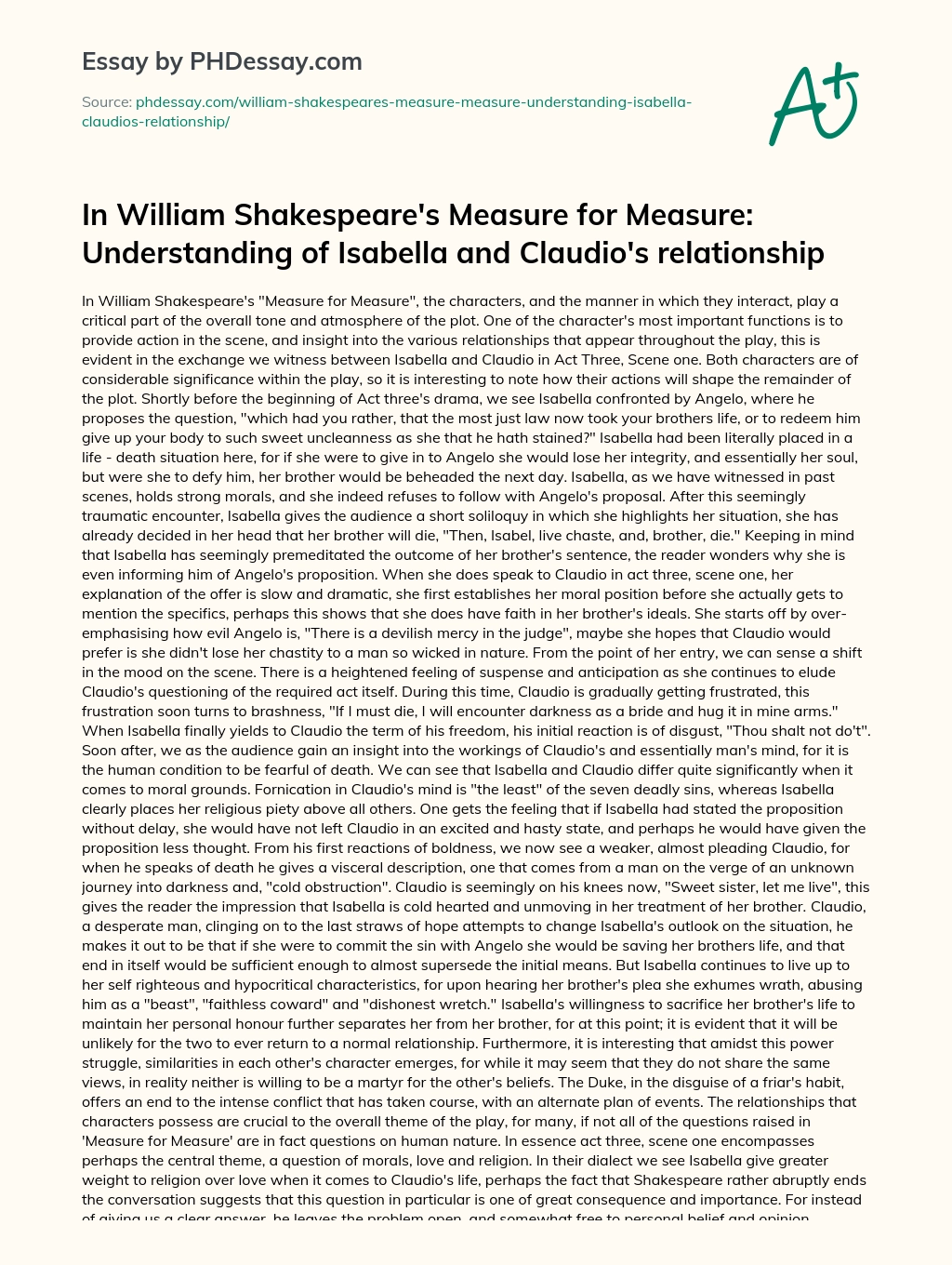 The Importance of Character Interaction in Shakespeare’s Measure for Measure essay
