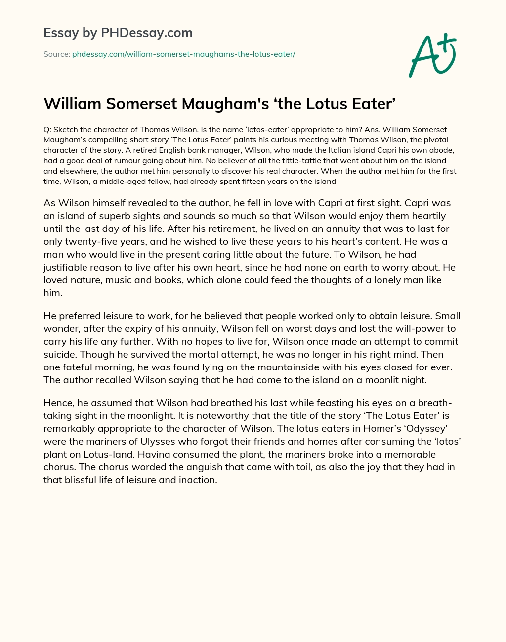 William Somerset Maugham’s ‘the Lotus Eater’ essay