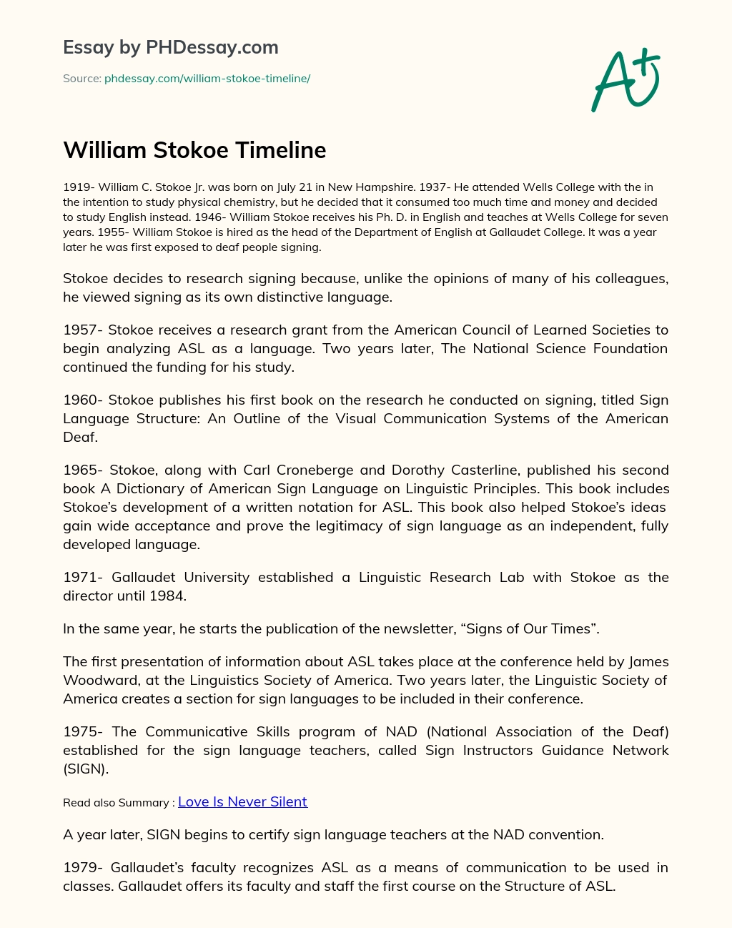 William Stokoe Timeline essay