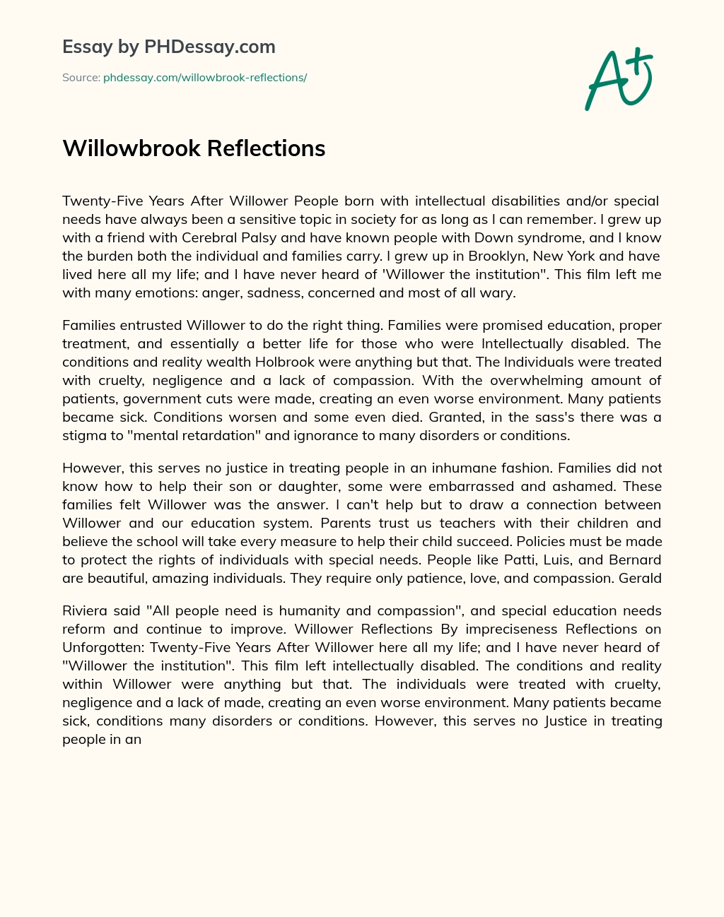 Willowbrook Reflections essay