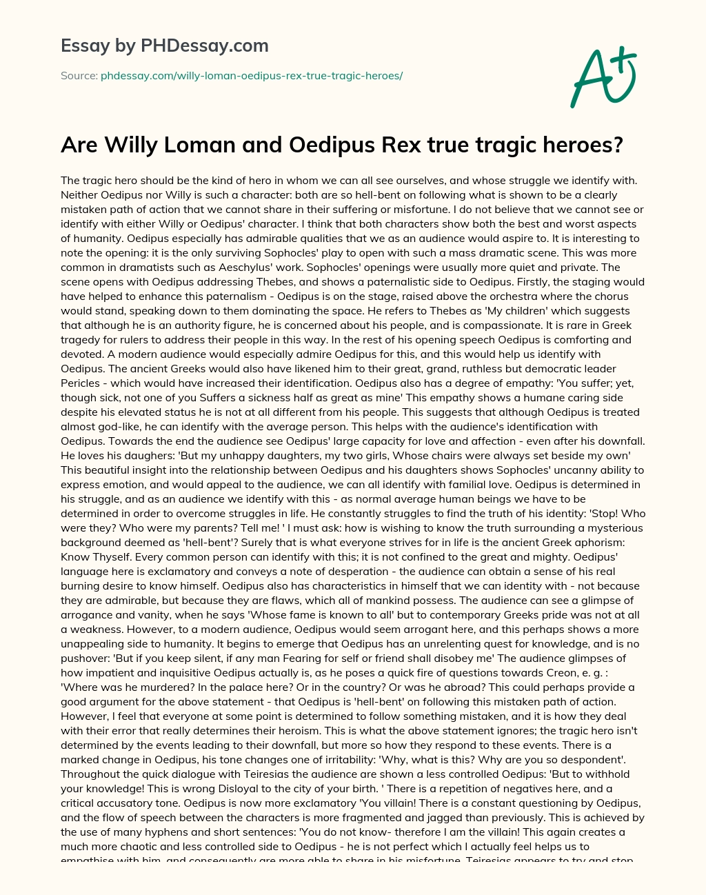 Are Willy Loman and Oedipus Rex true tragic heroes? essay