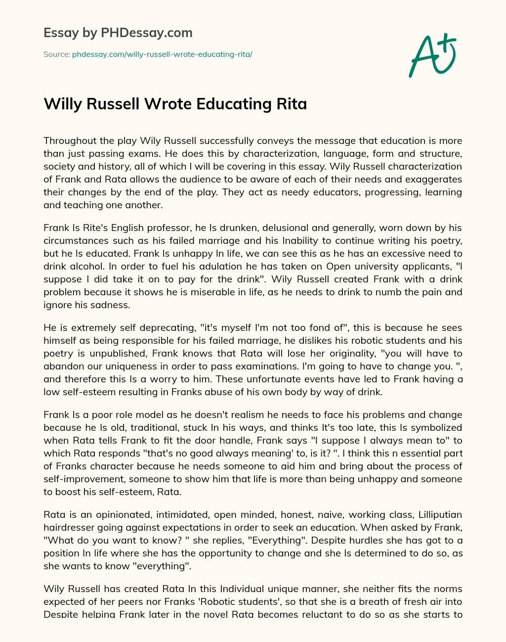 Willy Russell Wrote Educating Rita essay