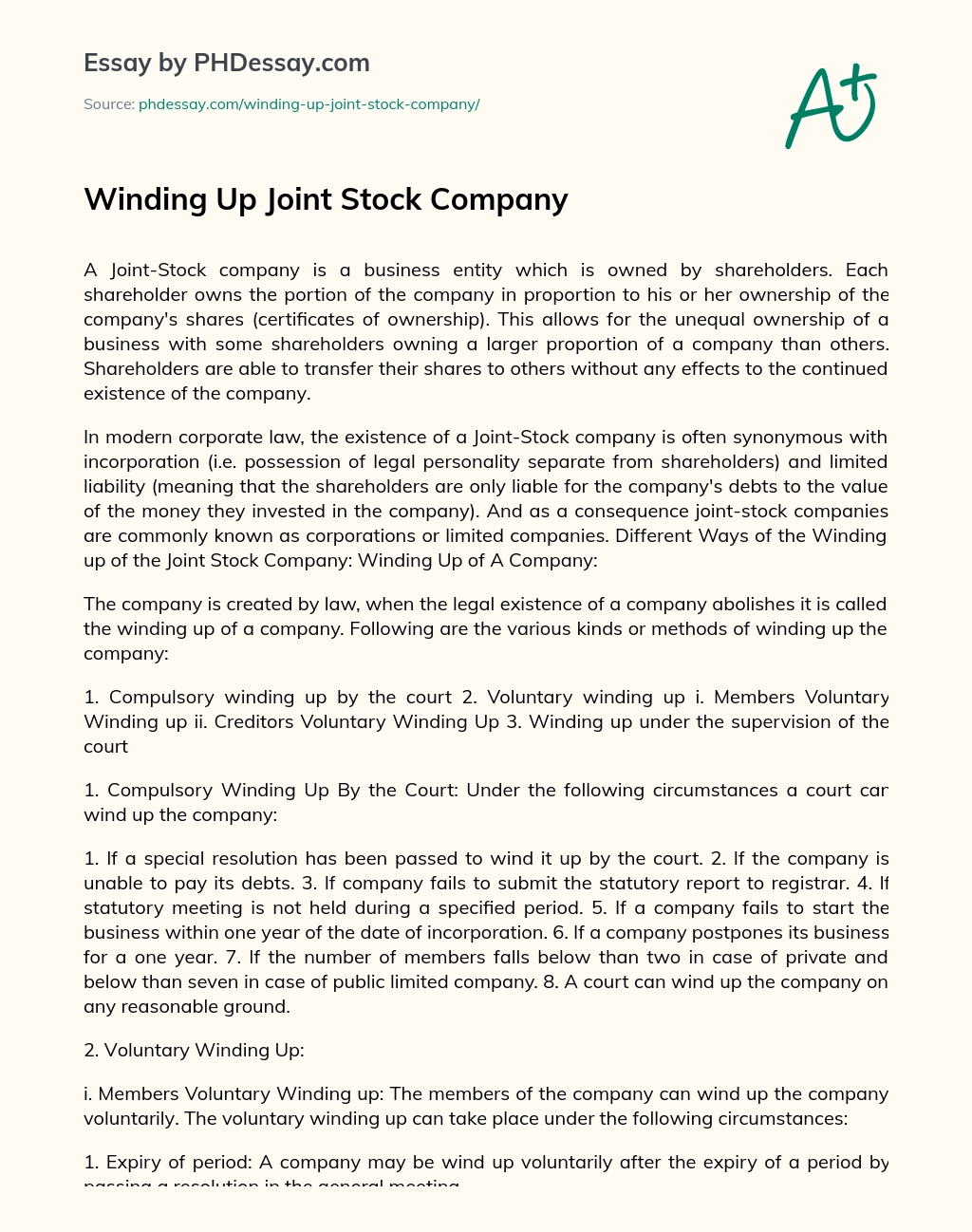 Winding Up Joint Stock Company essay
