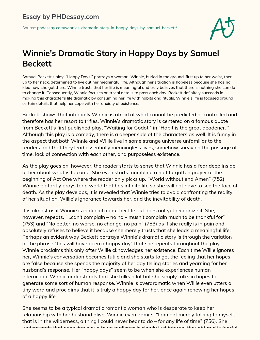 Winnie’s Dramatic Story in Happy Days by Samuel Beckett essay