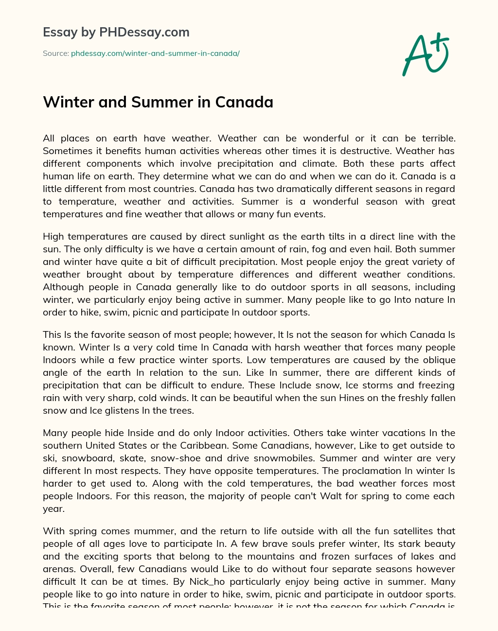 Winter and Summer in Canada essay