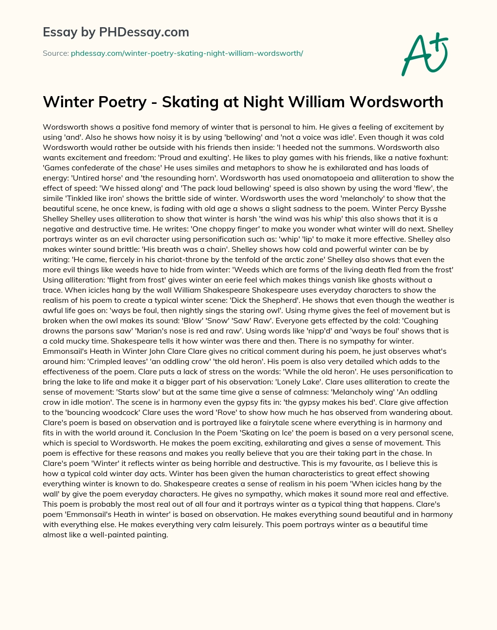 Winter Poetry – Skating at Night William Wordsworth essay