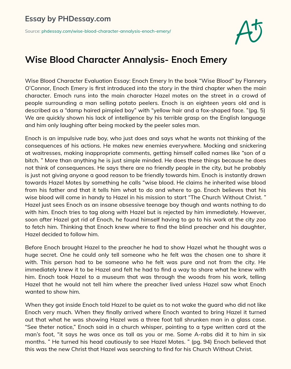 Wise Blood Character Annalysis- Enoch Emery essay