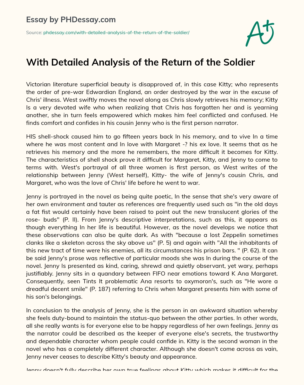 With Detailed Analysis of the Return of the Soldier essay